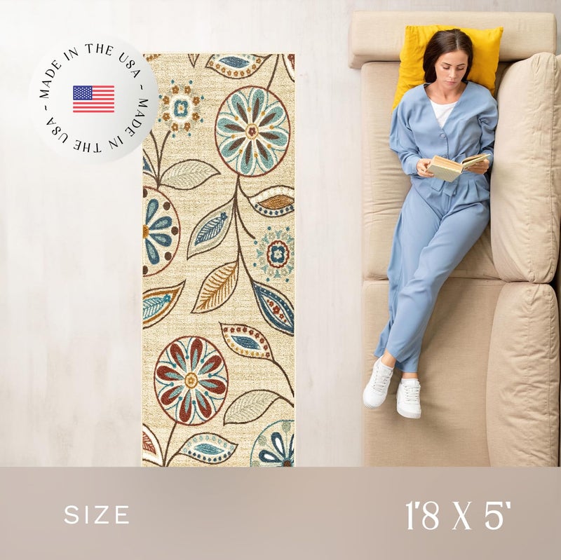 Maples Rugs Reggie Floral Runner Rug - Made in USA - Washable, Non Slip Indoor Carpet for Kitchen, Hallway, and Laundry Room, 1'8 x 5, Beige - Image 3